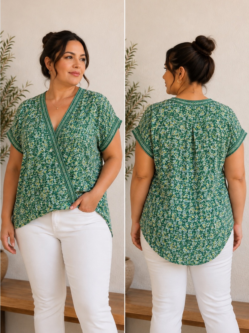 Max Studio Green Floral Wrap Style V Neck Blouse M